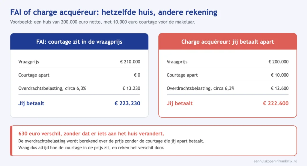 Rekenvoorbeeld van het verschil tussen FAI en charge acquereur bij een huis van 200.000 euro