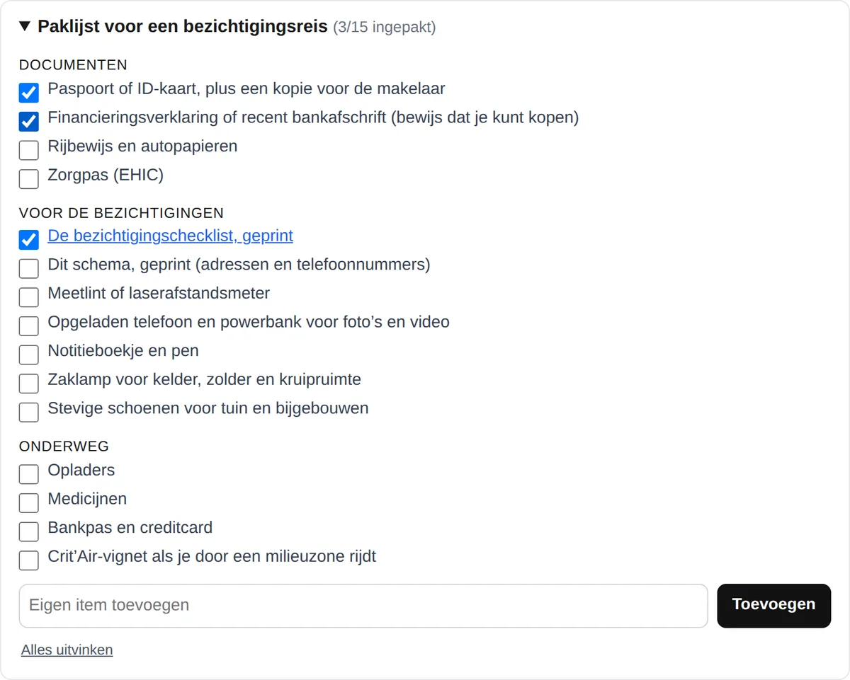 De paklijst in Mijn reis met de groepen Documenten, Voor de bezichtigingen en Onderweg