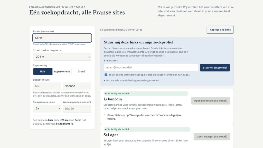 De Zoekhulp: één keer invullen, zes Franse huizensites doorzocht