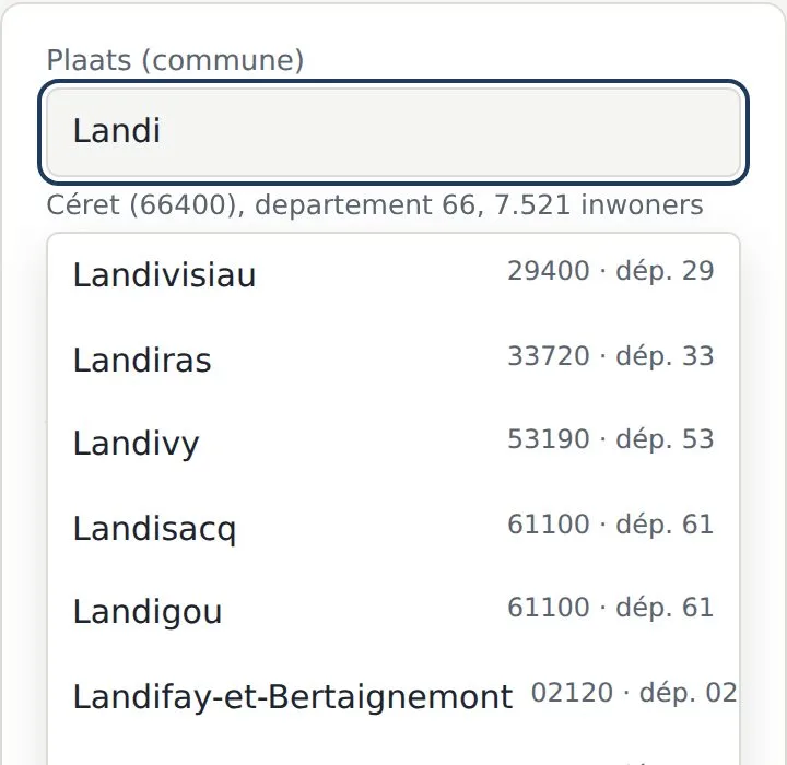 Het plaatsvakje met 'Landi' getypt en daaronder een lijstje met Landivisiau, Landiras, Landivy en meer, elk met postcode en departement.