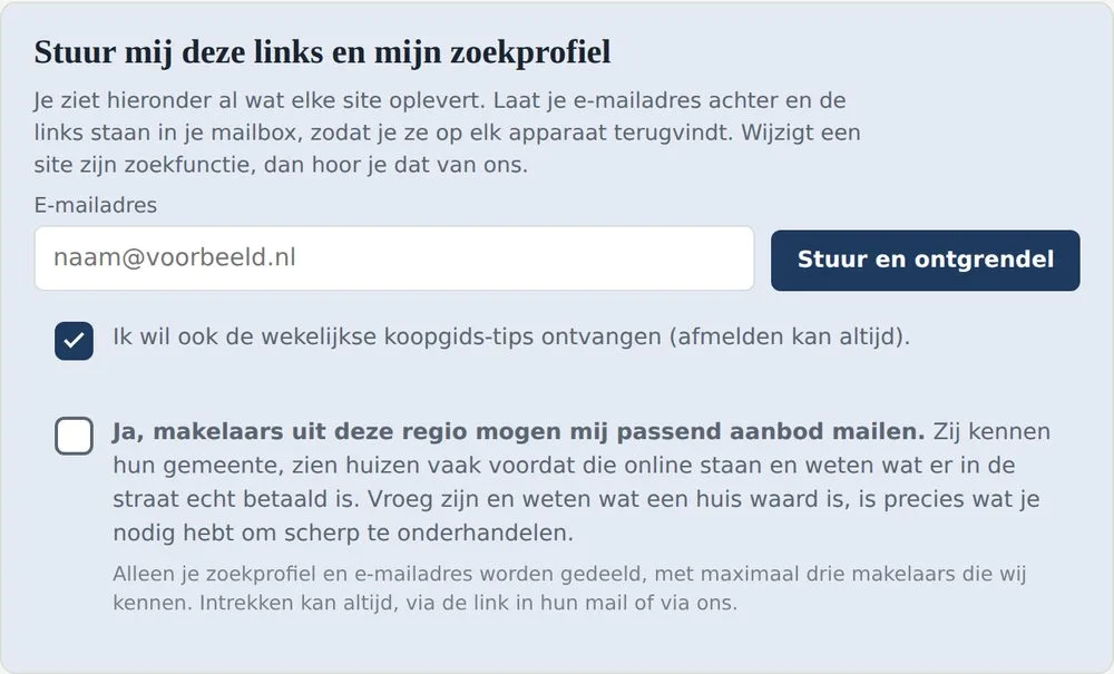 Het blauwe vak met een leeg e-mailveld, de knop 'Stuur en ontgrendel' en twee vinkjes: koopgids en tips, en toestemming voor makelaars.