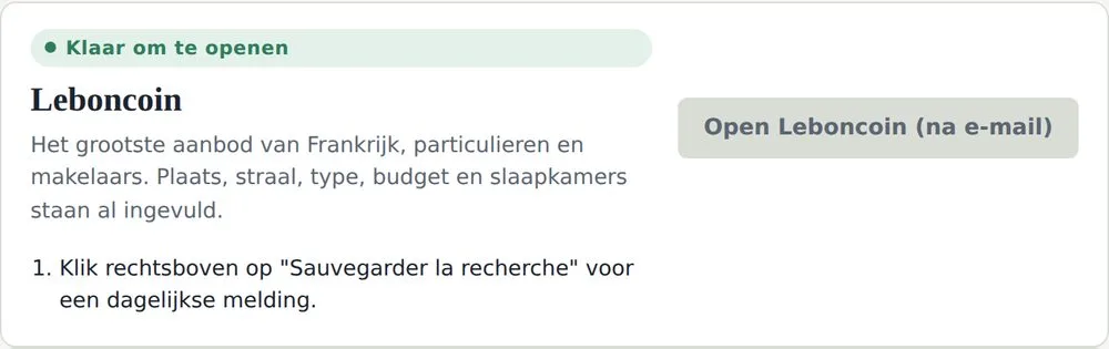 Het kaartje van Leboncoin met een grijze knop 'Open Leboncoin (na e-mail)'.