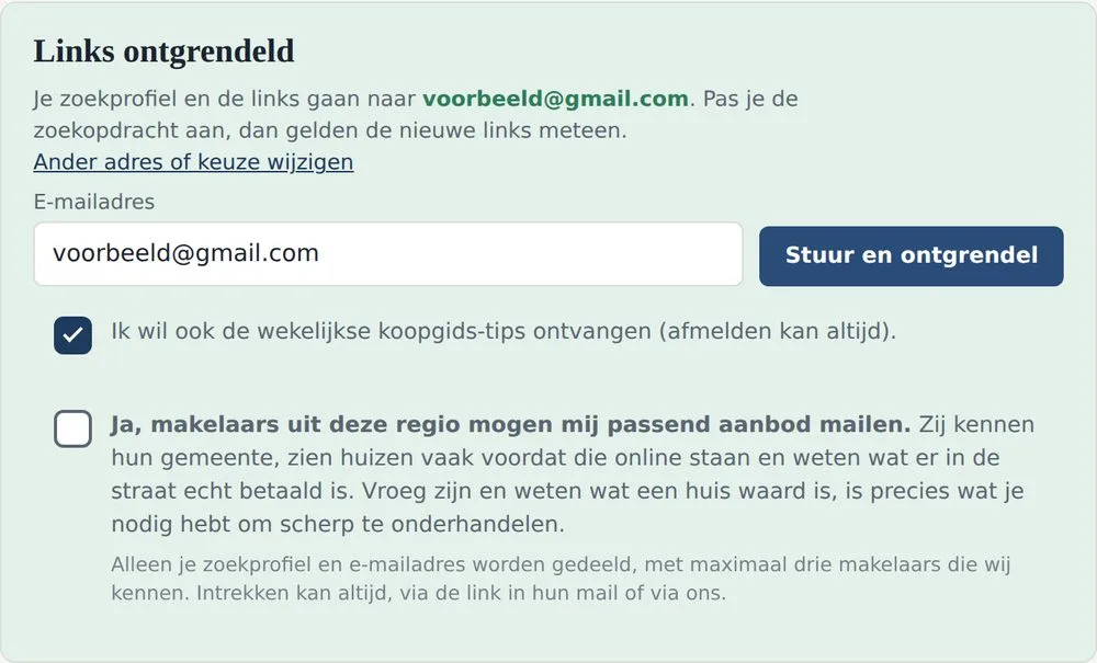 Het vak met de kop 'Links ontgrendeld' en de tekst dat het zoekprofiel en de links naar het ingevulde e-mailadres gaan.