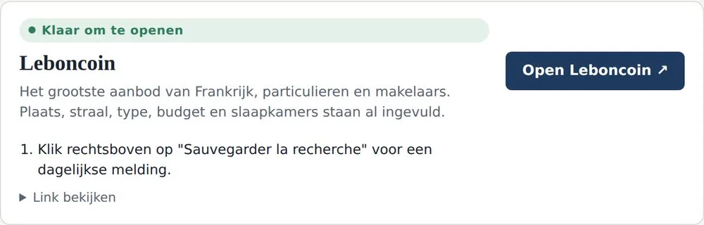 Het kaartje van Leboncoin met de donkerblauwe knop 'Open Leboncoin' en de uitleg dat plaats, straal, type, budget en slaapkamers al ingevuld zijn.