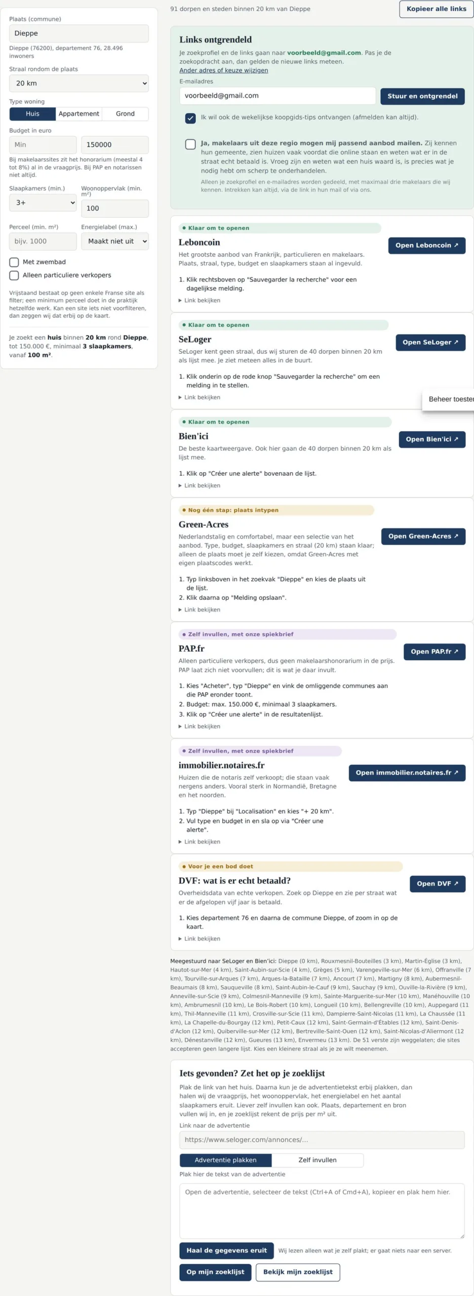 De Zoekhulp op een computer: links het invulformulier, rechts het vak voor je e-mailadres en daaronder de knoppen per Franse site.