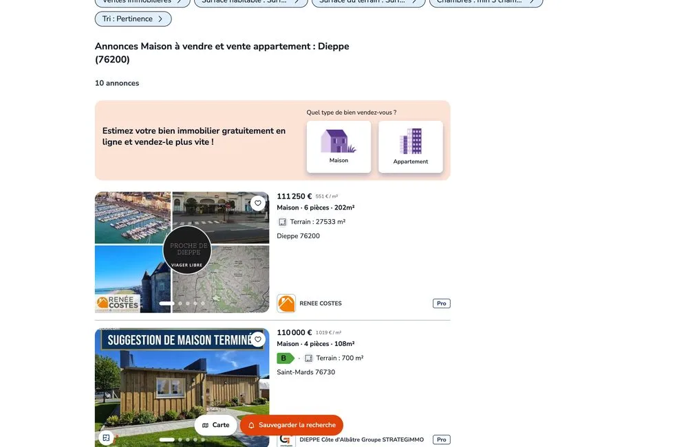De resultatenpagina van Leboncoin voor Dieppe met 10 advertenties, elk met foto, prijs, aantal kamers en oppervlakte. Onderaan de oranje knop 'Sauvegarder la recherche'.