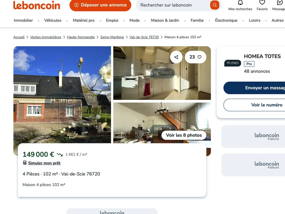 Een advertentie op Leboncoin: foto's van een bakstenen huis, 149.000 euro, 4 kamers, 102 m², Val-de-Scie.