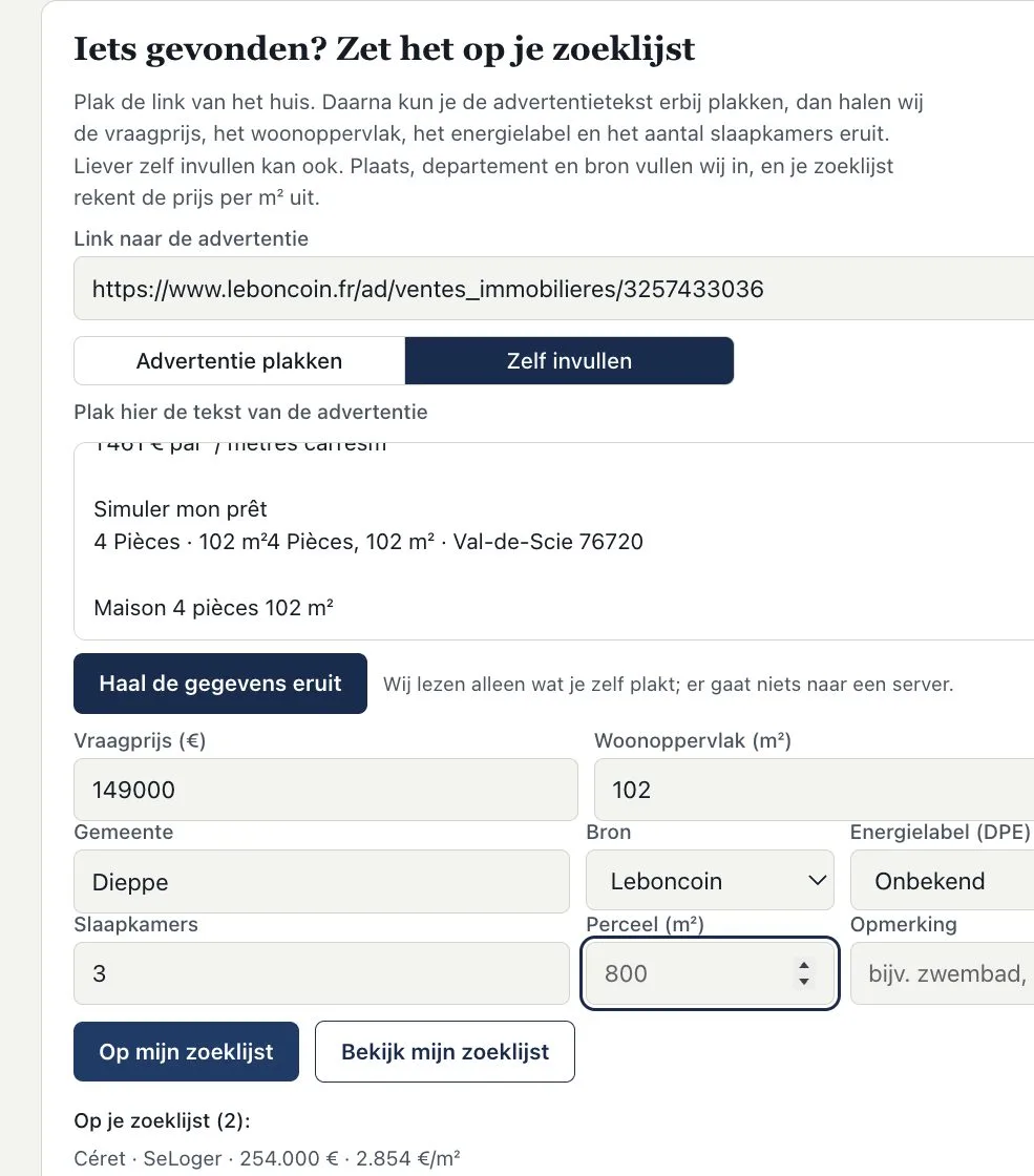 Het zoeklijstblok in de Zoekhulp met de geplakte link, de geplakte Franse tekst en daaronder ingevulde velden: 149000 euro, 102 m², Dieppe, Leboncoin, 3 slaapkamers.