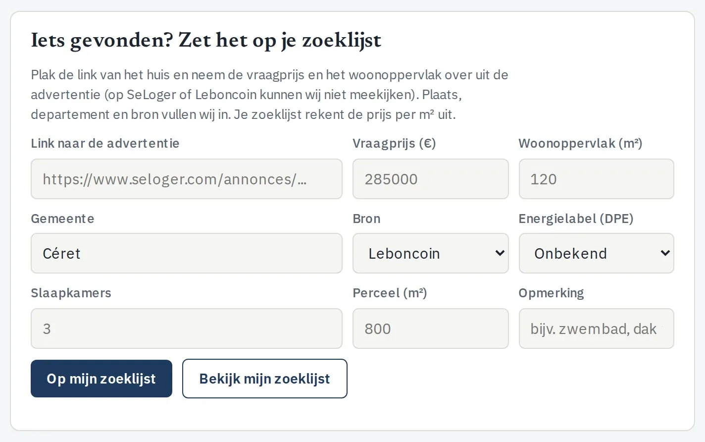 Het blok Iets gevonden? met velden voor link, vraagprijs, woonoppervlak, gemeente, bron en energielabel