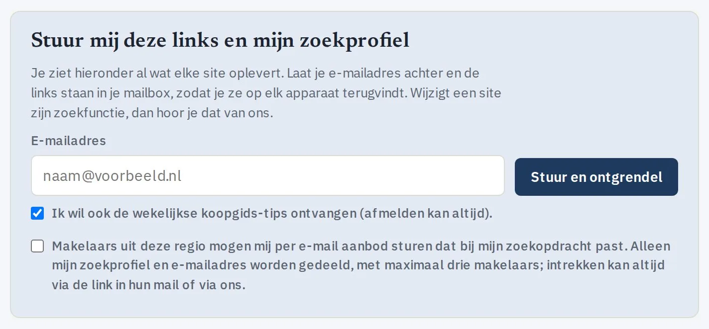 Het e-mailveld van de Zoekhulp met de knop Stuur en ontgrendel en twee vinkjes