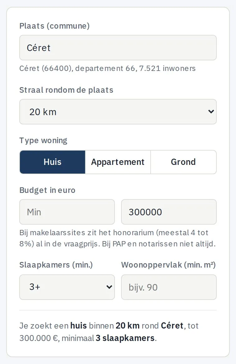 Het formulier van de Zoekhulp: plaats, straal, type woning, budget en slaapkamers