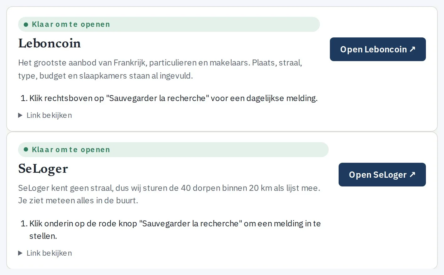 De kaarten van Leboncoin en SeLoger met een knop Open en de uitleg waar je de alert instelt